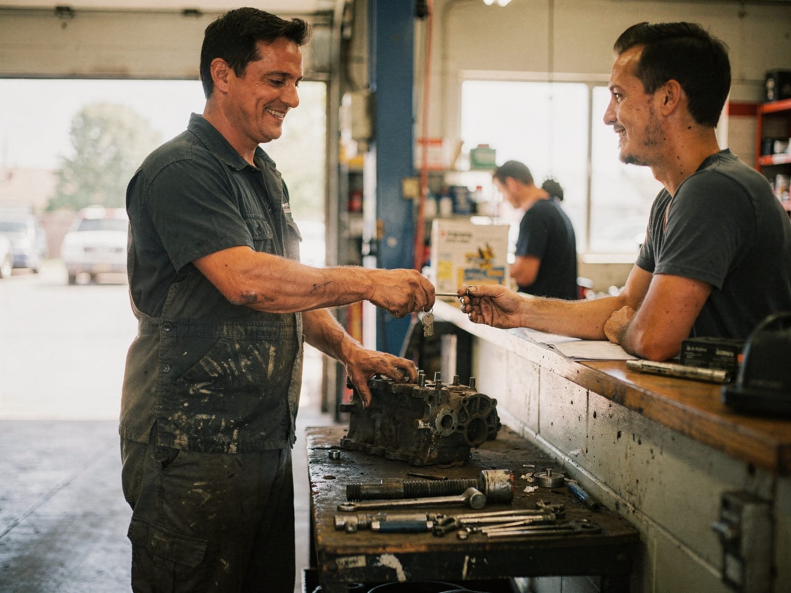 A mechanic handing car keys back to a happy customer at the counter