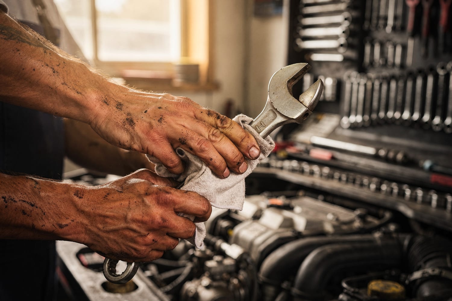 A mechanic's hands wiping down a wrench beside an open engine bay