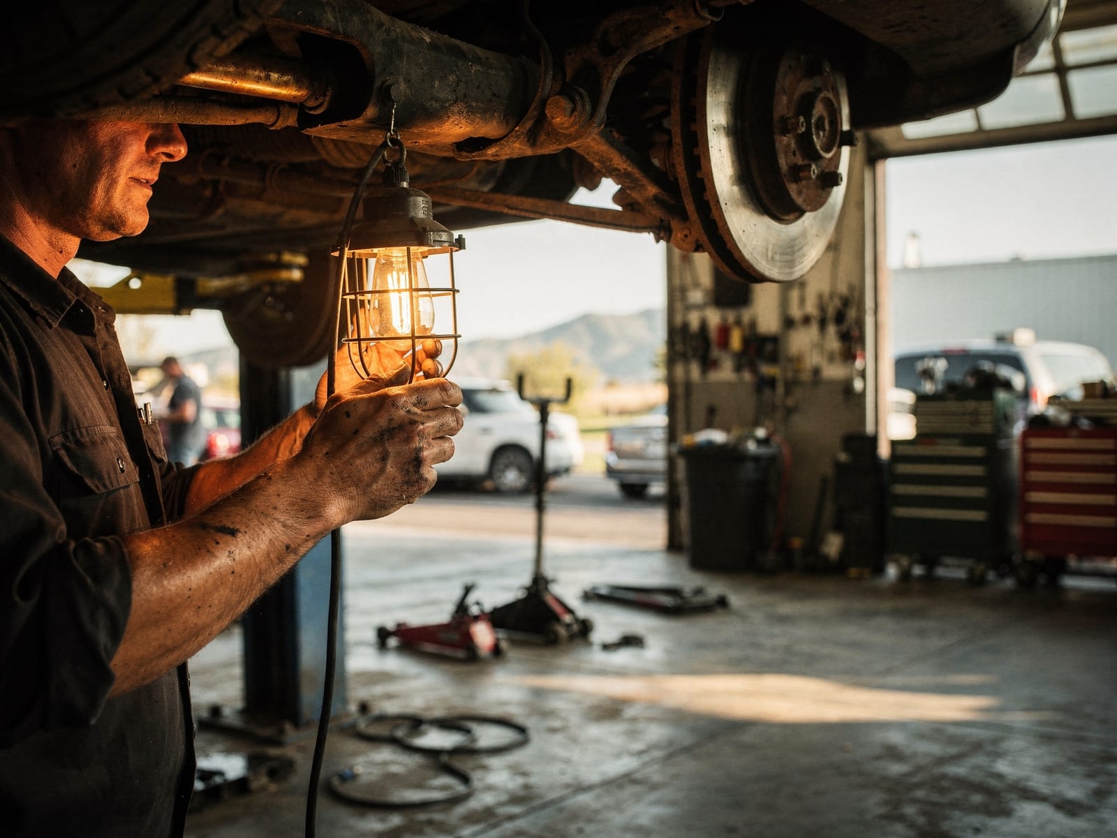 A technician inspecting the underside of a car with a work light
