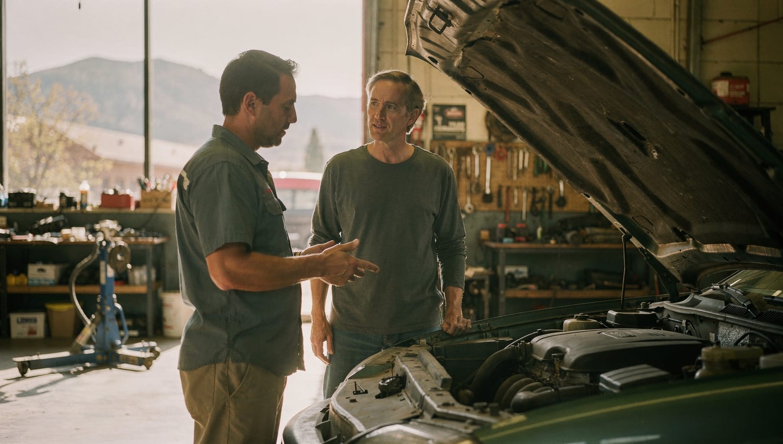 A mechanic showing a customer the engine under an open hood